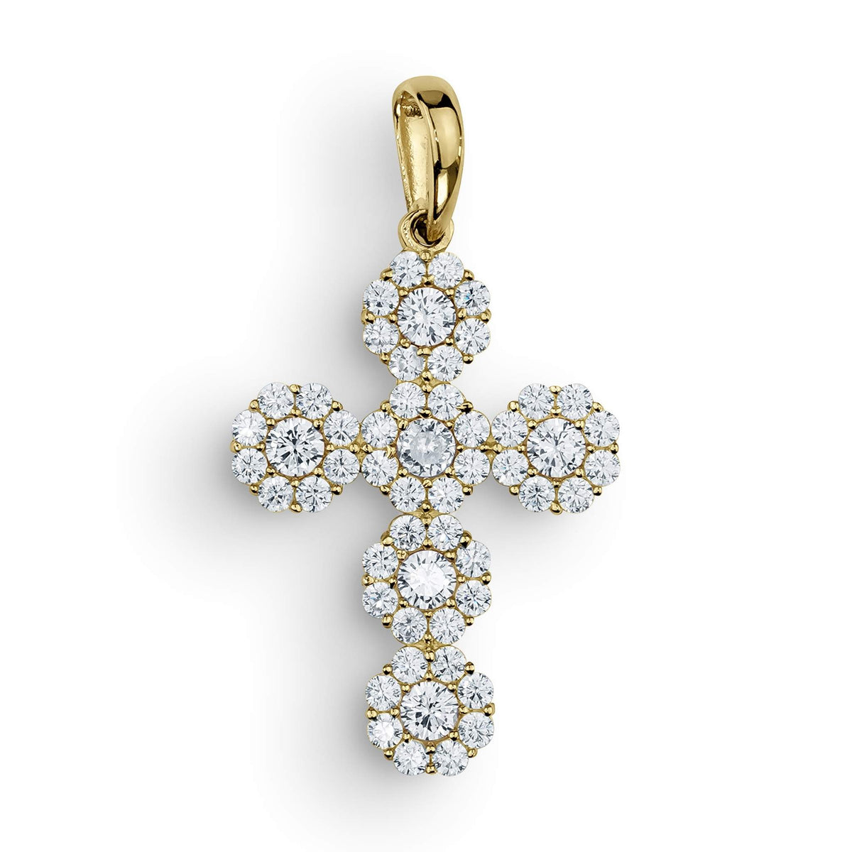 Yellow gold hexagon cross pendant paved with clear cubic zirconia gemstones on a white background.