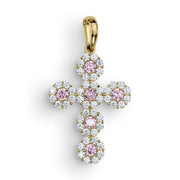 10k yellow gold hexagon cross pendant featuring pink center stones surrounded by clear cubic zirconia.