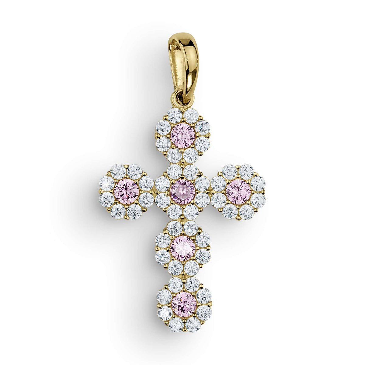 10k yellow gold hexagon cross pendant featuring pink center stones surrounded by clear cubic zirconia.