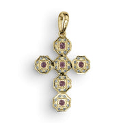 Reverse view of a 10k yellow gold hexagon cross pendant featuring purple gemstones.
