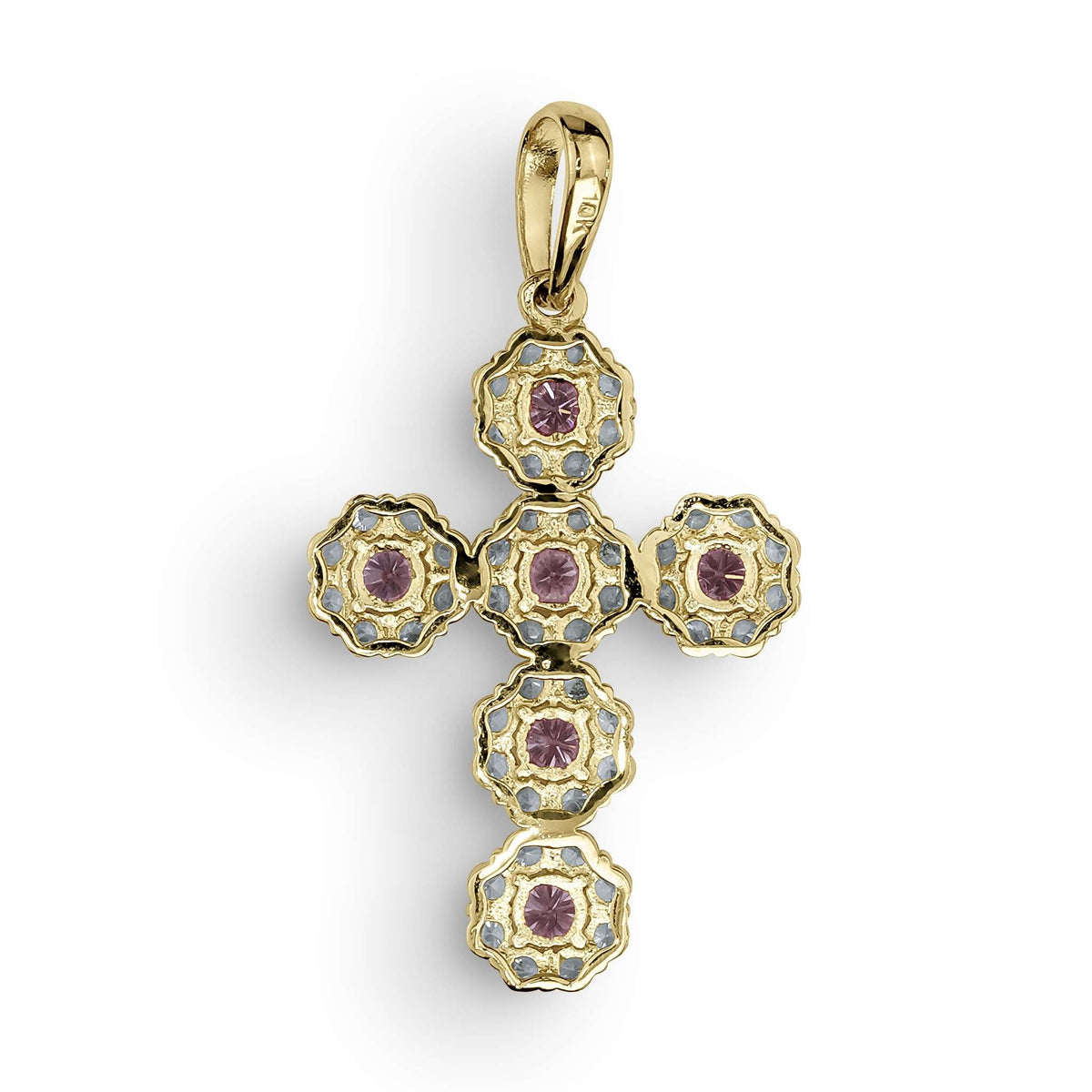 Reverse view of a 10k yellow gold hexagon cross pendant featuring purple gemstones.