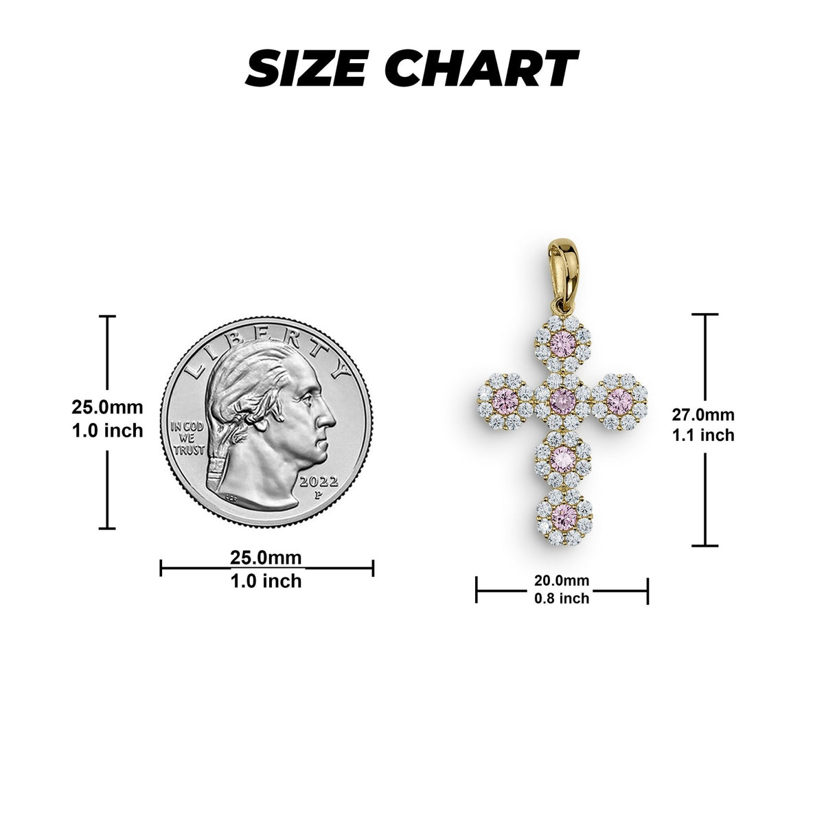 Size chart displaying measurements of the 10k yellow gold hexagon cross pendant next to a coin.