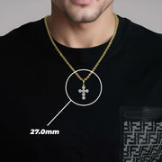 Model wearing 10k yellow gold hexagon cross pendant with 27.0mm dimension overlay.