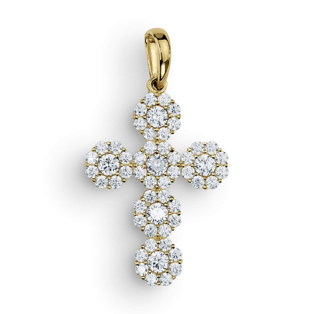 Yellow gold cross pendant featuring clear pavé cubic zirconia gemstones set against a clean white background.