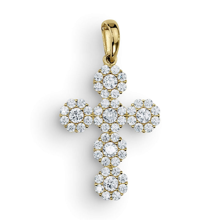 Yellow gold cross pendant featuring clear pavé cubic zirconia gemstones set against a clean white background.