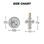Size chart displaying measurements of the 10k yellow gold hexagon cross pendant with pink gemstones next to a U.S. quarter.
