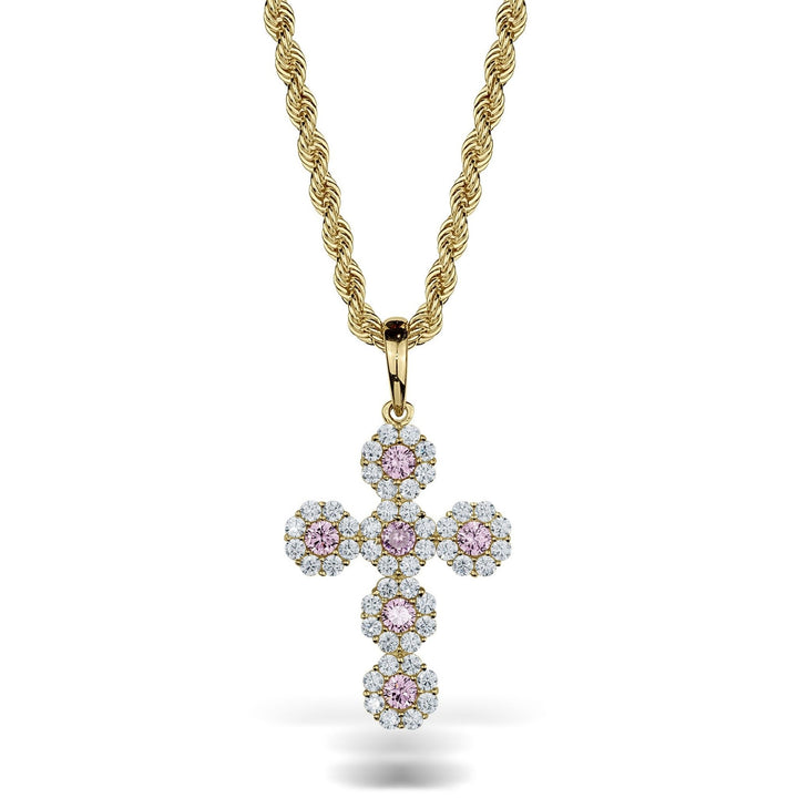 10k yellow gold hexagon cross pendant featuring pink gemstones on a twisted chain.