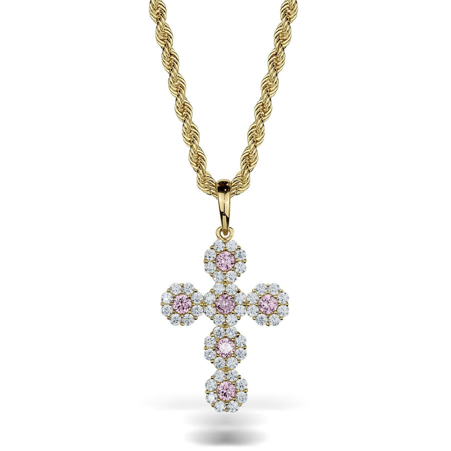 10k yellow gold hexagon cross pendant featuring pink gemstones on a twisted chain.