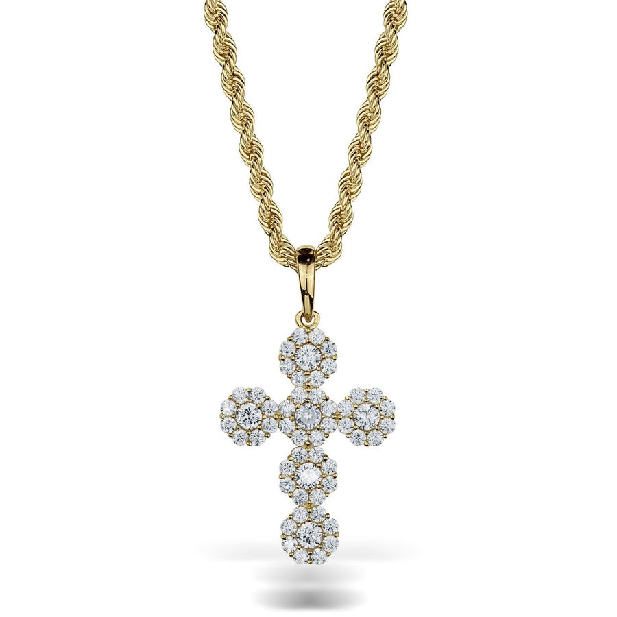 10k yellow gold hexagon cross pendant paved with sparkling cubic zirconia stones on a twisted chain.