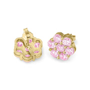 10k gold hex flower stud earrings with pink cubic zirconia, front and back views.