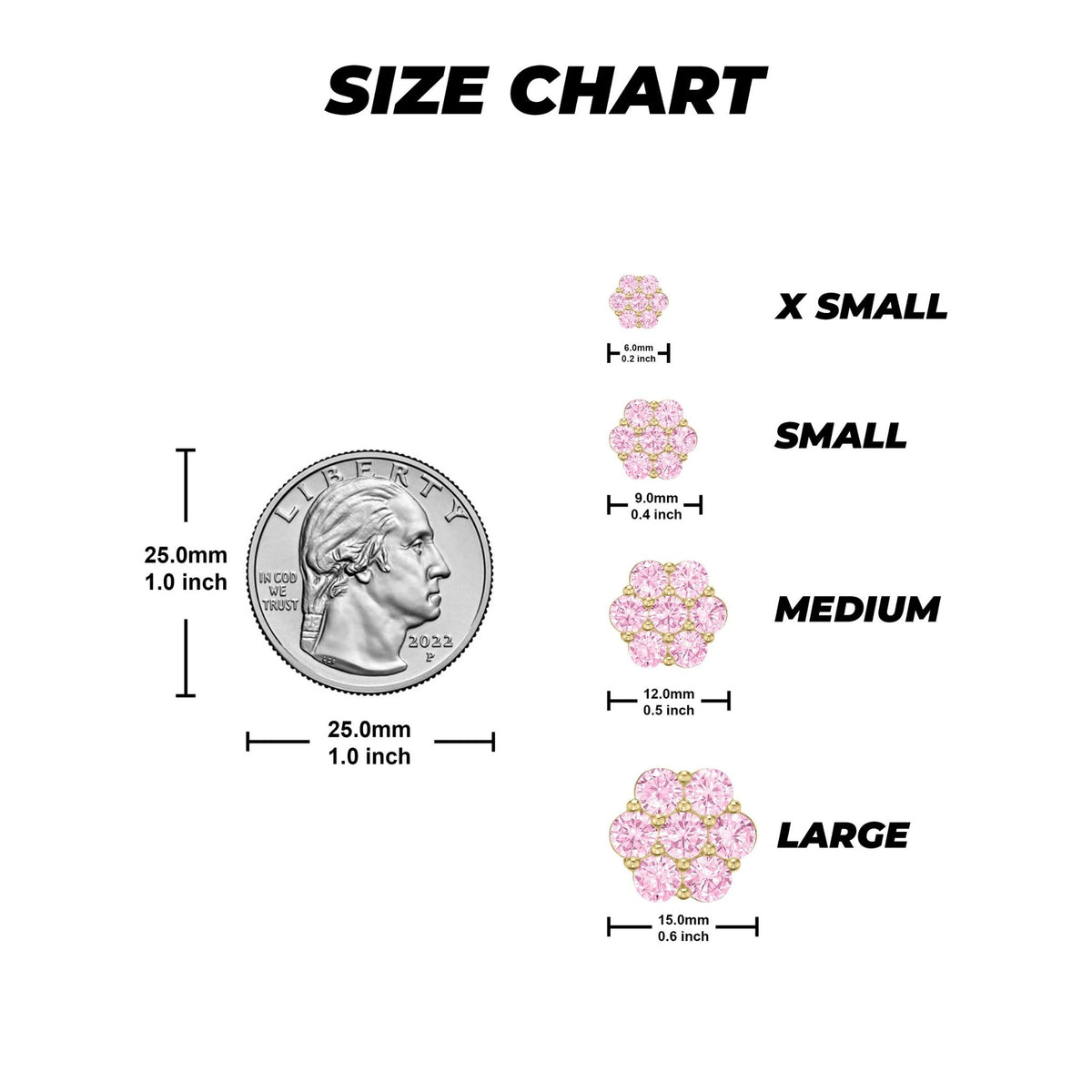 Size chart for pink hex flower stud earrings comparing four sizes against a coin.