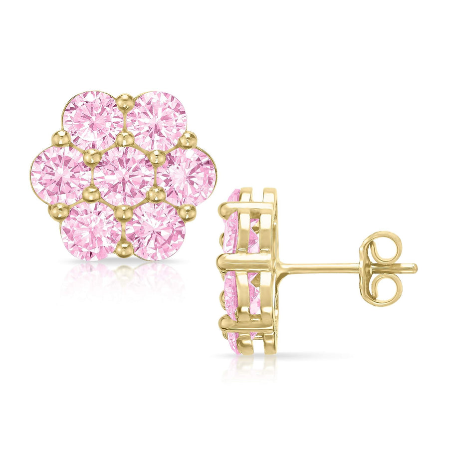 10k gold hex flower stud earrings with pink cubic zirconia, front and side views.