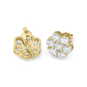 10k gold hex flower stud earrings with clear cubic zirconia, front and back views.