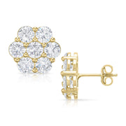 10k gold hex flower stud earrings with clear cubic zirconia, front and side views.