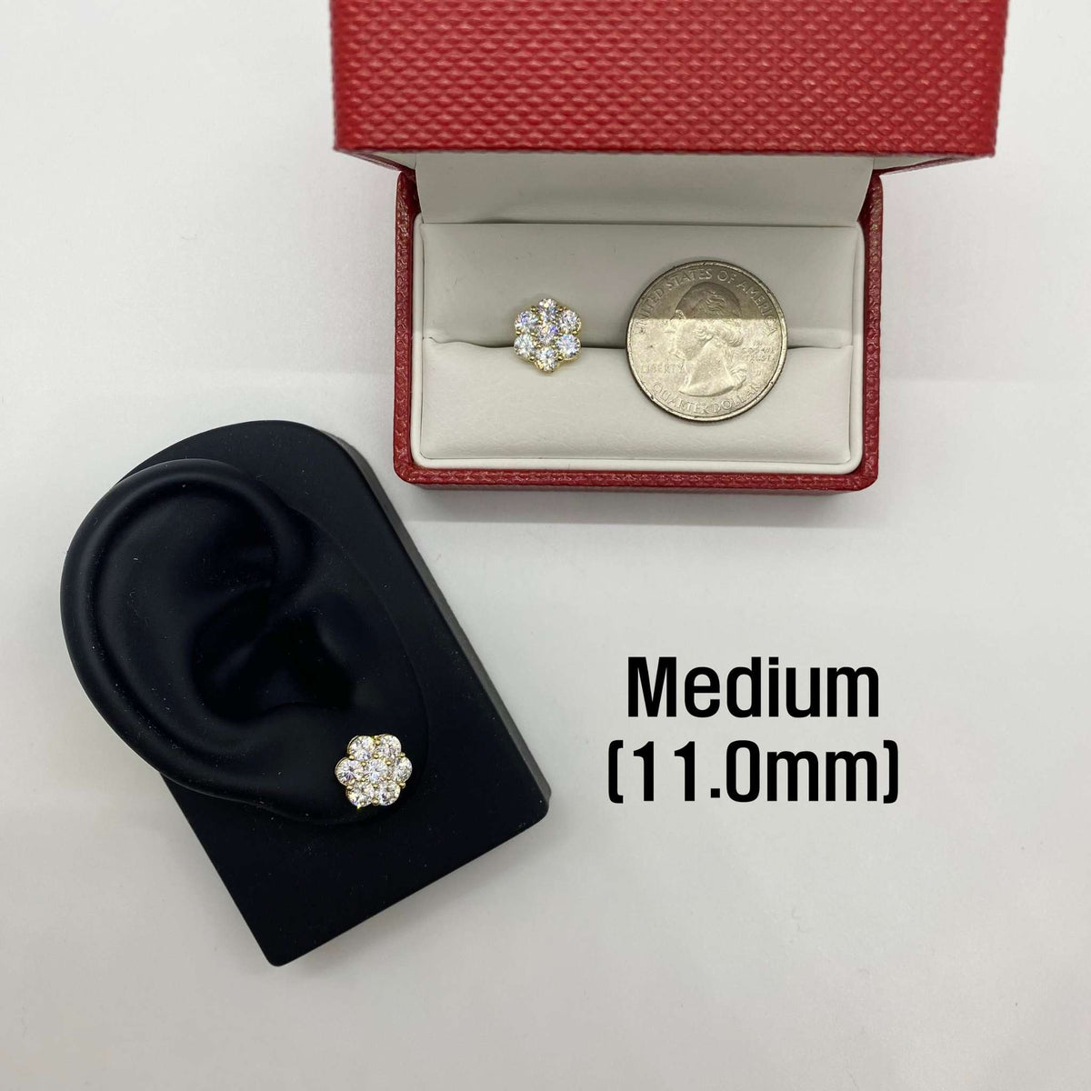 10K yellow gold hex flower cubic zirconia stud earring medium 11.0mm size comparison guide.