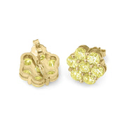 10k gold hex flower stud earrings with yellow cubic zirconia, front and back views.