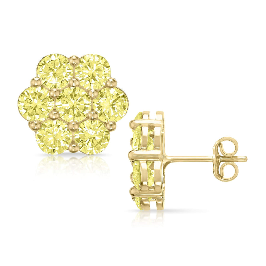 10k gold hex flower stud earrings with yellow cubic zirconia, front and side views.