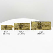 Three 10k gold rings with a hundred dollar bill design on different sizes.