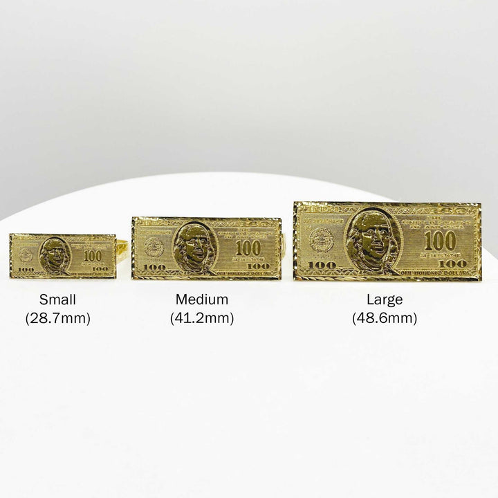 Three 10k gold rings with a hundred dollar bill design on different sizes.