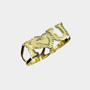 10k Gold two finger ring with i love you design on a white background
