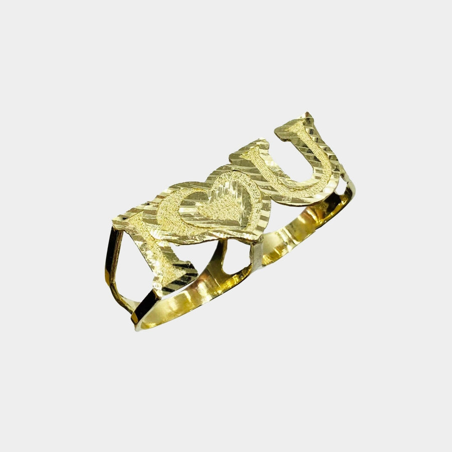 10k Gold two finger ring with i love you design on a white background