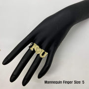 10k Gold two finger ring with i love you on a black mannequin hand, size 5.