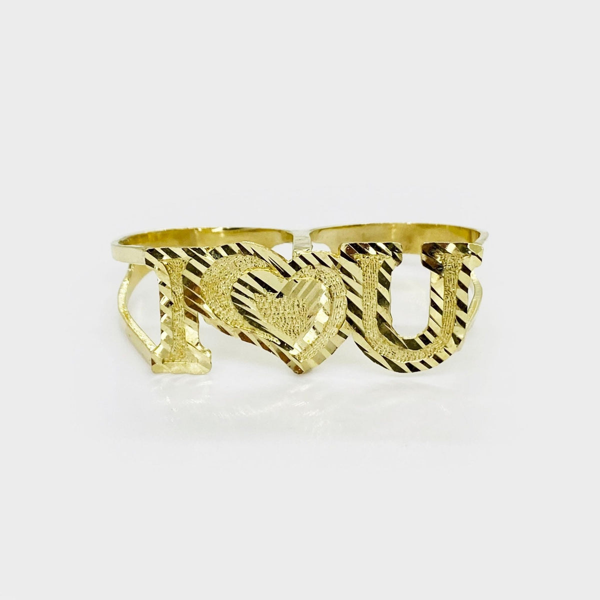 10k Gold two finger i love you ring on front view a white background