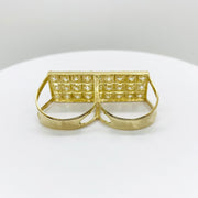 10k Gold Iced Two Finger Ring with rectangular design back view a white background