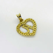 Back view of a 10k yellow gold initial letter A Rollie heart pendant on white background