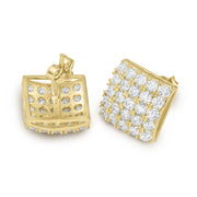 Front and back view of 10k gold Jaix square stud earrings with CZ stones.