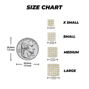 Size chart comparing 10k gold Jaix square stud earrings to a US quarter.