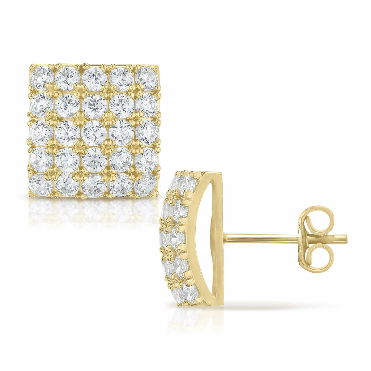 10k gold Jaix square stud earrings, cubic zirconia jewelry, push-back closure, fine jewelry.