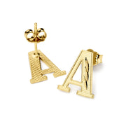 Pair of yellow gold "A" initial stud earrings with a textured diamond-cut finish.