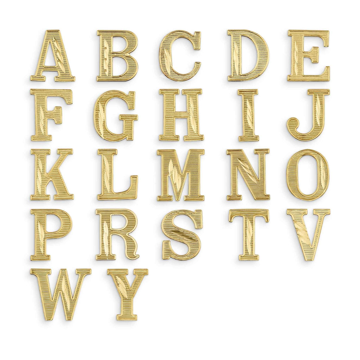A collection of 10k yellow gold alphabet letter studs with a diamond-cut textured finish.