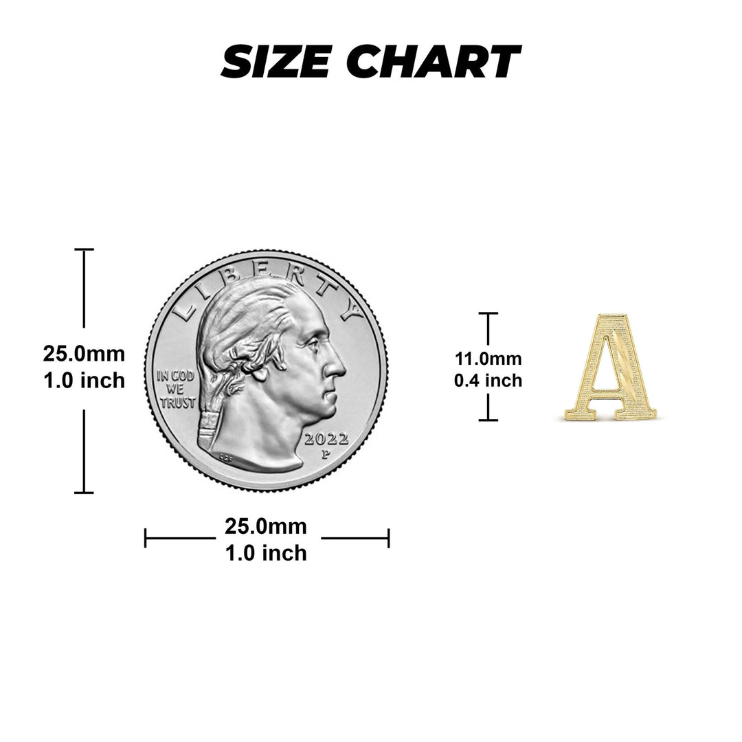 Size comparison chart showing an initial stud earring next to a US quarter coin.