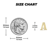 Size comparison chart showing an initial stud earring next to a US quarter coin.