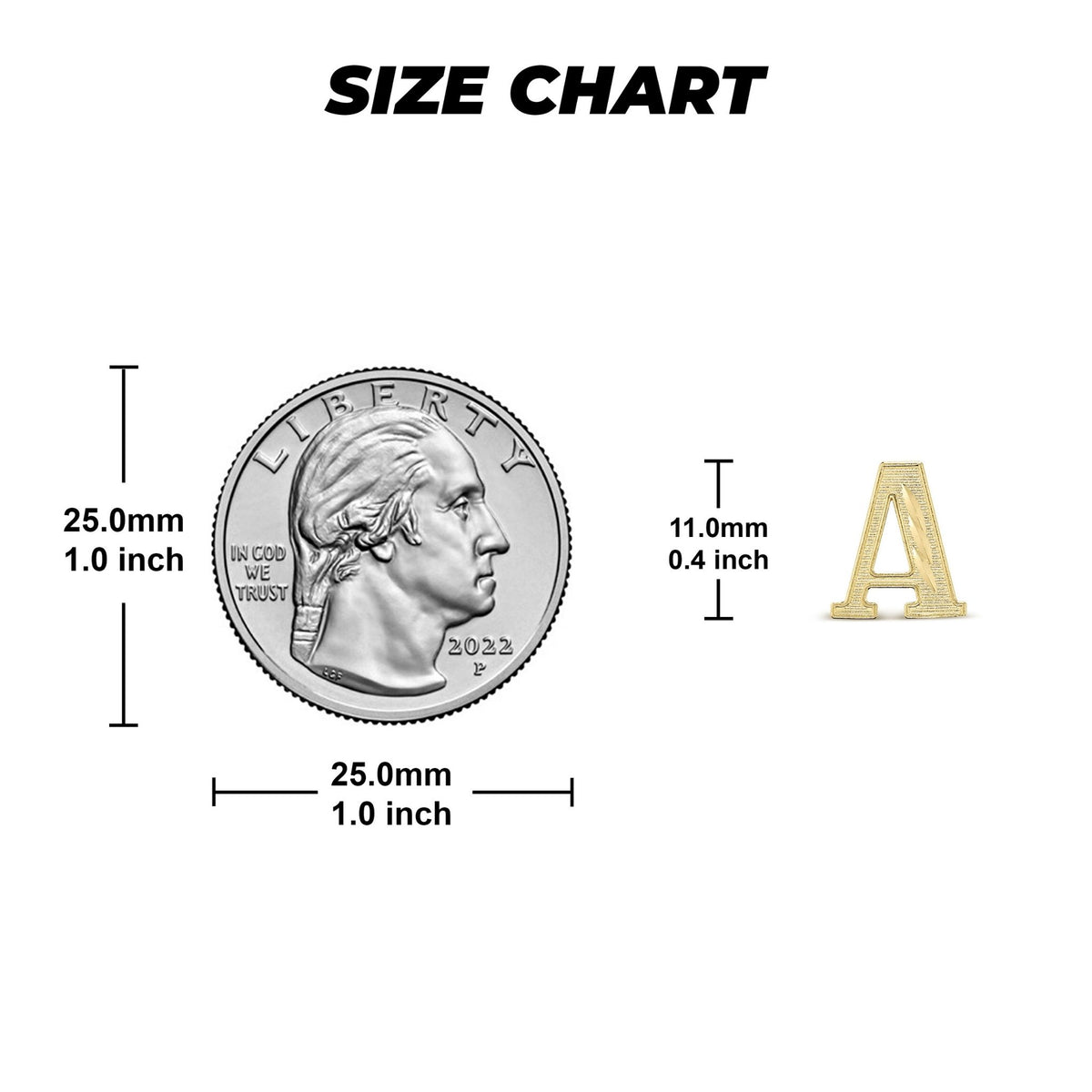 Size comparison chart showing an initial stud earring next to a US quarter coin.