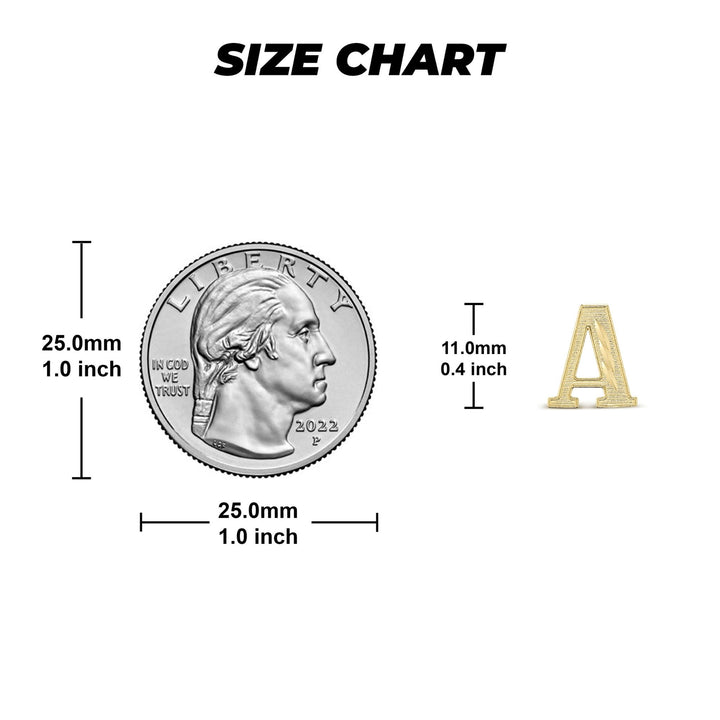 Size comparison chart showing an initial stud earring next to a US quarter coin.