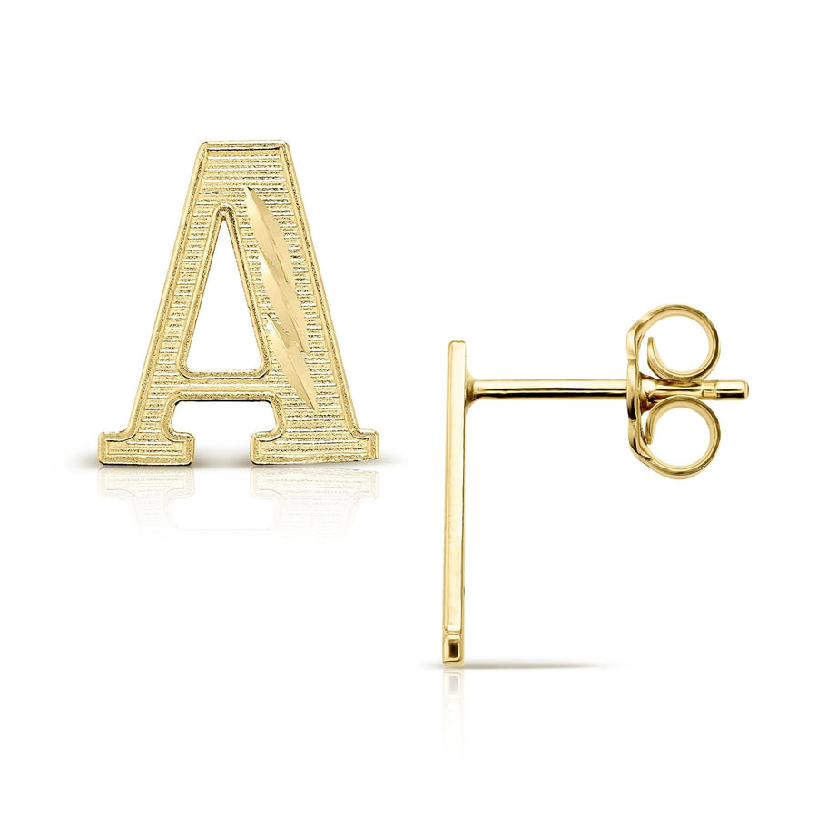 10k gold stud earring featuring a textured initial letter design with a push-back closure.