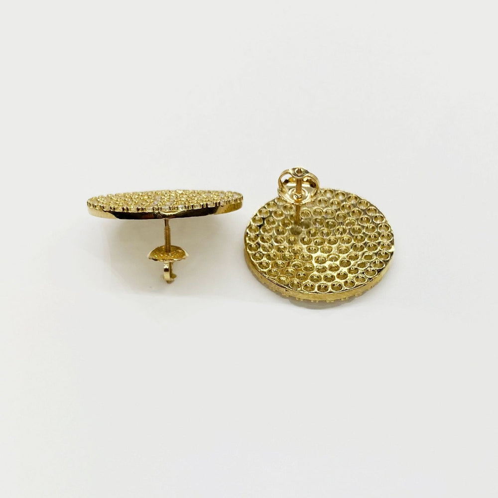 Rear view of two gold jumbo round stud earrings showing screw back posts.
