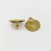 Rear view of two gold jumbo round stud earrings showing screw back posts.