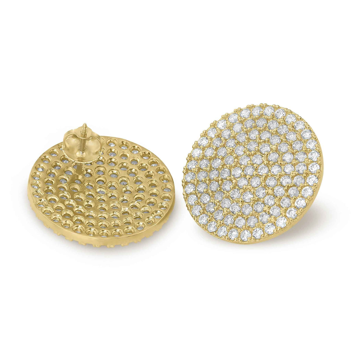 Front and back view of 10k yellow gold jumbo round stud earrings.