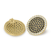 Pair of 10k yellow gold jumbo round stud earrings with black cubic zirconia.