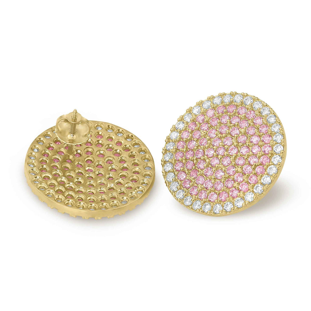 Pair of 10k yellow gold jumbo round stud earrings with pink cubic zirconia.