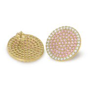 Pair of 10k yellow gold jumbo round stud earrings with pink cubic zirconia.