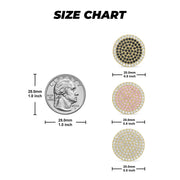 Size chart comparing black, pink, and white 20.0mm jumbo stud earrings to a quarter.