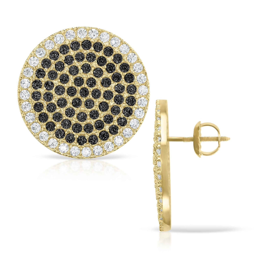 10k gold jumbo round stud earrings, black and white CZ, fine jewelry statement piece.