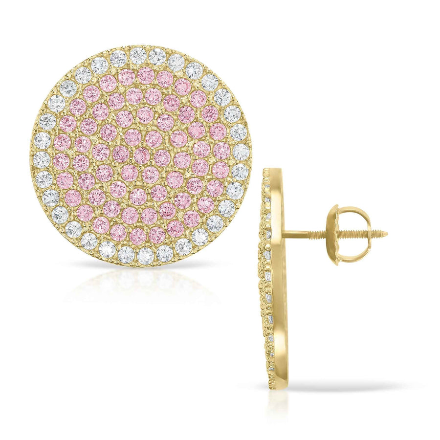 Stunning jumbo 10k gold stud earrings, intricately paved with brilliant pink and white cubic zirconia.