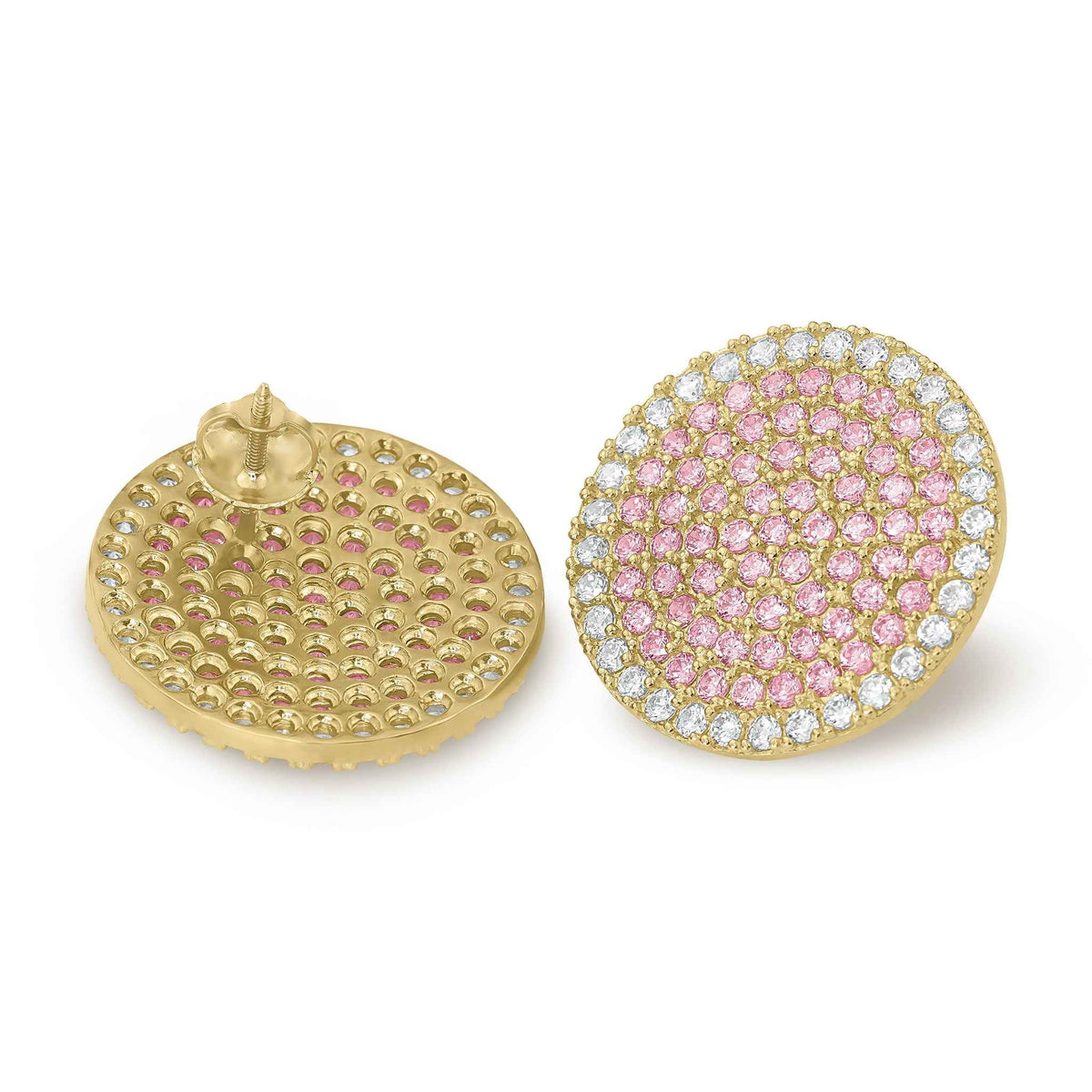 10k Gold Jumbo Round Stud Earrings with Pink and White Cubic Zirconia stones.