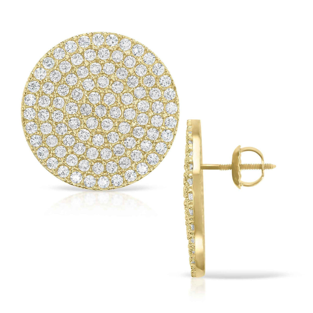 Front and side view of 10k yellow gold jumbo round stud earrings with cubic zirconia.